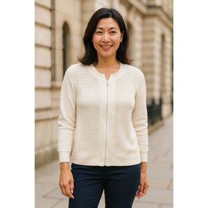 Lafayette 148 White Organic Cotton Open Knit Zip Cardigan Size M